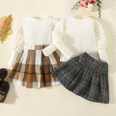 Brother and Sister Organic Cotton Solid Color Puff Sleeve Top & Plaid Button Front Skirt &