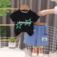Boys summer suits 2024 new baby children's casual clothes summer short-sleeved suits star prints  Black