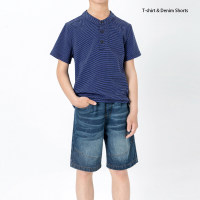 2-piece Kid Boy Pure Cotton Solid Color Short Sleeve T-shirt & Denim Shorts  Navy Blue
