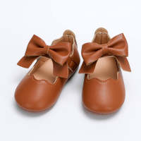 Zapatos de cuero con velcro y decoración de lazo de color liso para niña pequeña  marrón