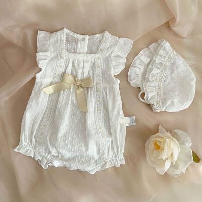 Baby summer thin jumpsuit, fashionable baby girl's flying sleeves, romper, newborn pure cotton clothes, hat