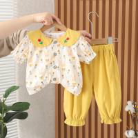 Foreign trade new style girls summer clothes bunny cardigan short-sleeved suit summer children's casual baby girl nine-point pants two-piece suit  Yellow