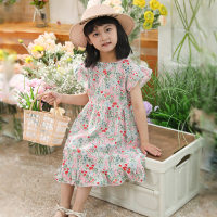 Girls' summer romantic pastoral style floral dress sweet and playful small flying sleeves wavy skirt princess dress  Pink