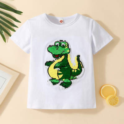 Camiseta de manga corta con estampado de dinosaurio y patrones cambiables de lentejuelas para niños pequeños
