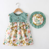 فستان بناتي بنقشة زهور &  قبعة  أخضر