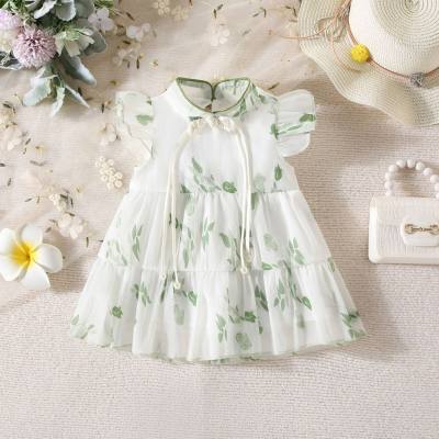New summer leaf chiffon dress with small flying sleeves Baby girl Chinese style element stand collar dress