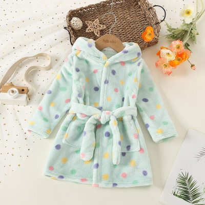 Toddler Girl Multicolor Dot Pattern Printed Hooded Long Sleeve Plush Bathrobe