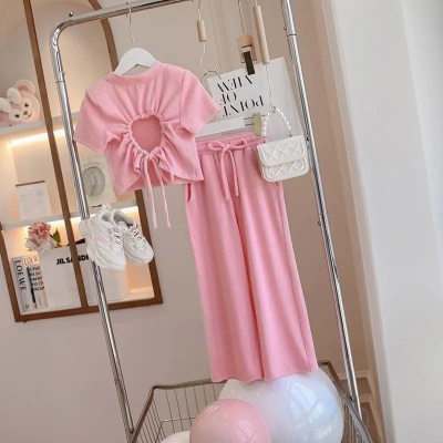 Girls short-sleeved tops and pants suits 2024 summer children's baby thin T-shirt casual wide-leg pants two-piece set