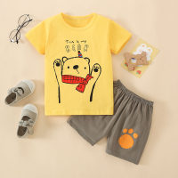 Camiseta de manga corta con estampado de letras y osos de algodón puro para niños pequeños de 2 piezas y pantalones cortos a juego  Amarillo