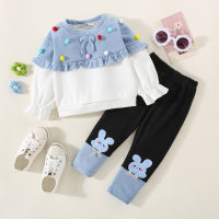 2-piece Toddler Girl Color-block Ruffled Patchwork Bowknot and Dot Decor Long Sleeve T-shirt & Color-block Rabbit Pattern Straight Pants  Blue