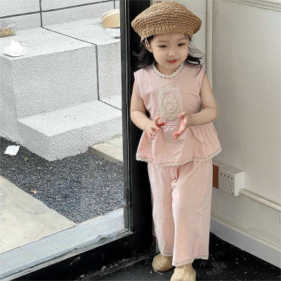 Top e pantaloni con colletto alla coreana in pizzo per ragazze Set nuovi vestiti estivi per bambini