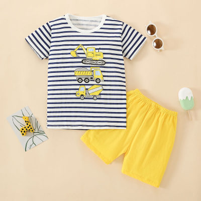 2-piece Toddler Boy Pure Cotton Striped Vehicle Printed Short Sleeve T-shirt & Solid Color Shorts
