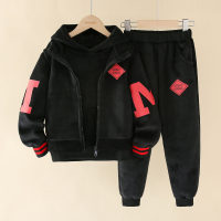3-piece Kid Boy Letter Printed Extra Thick Hoodie & Letter Patter Zip-up Vest & Pants  Black