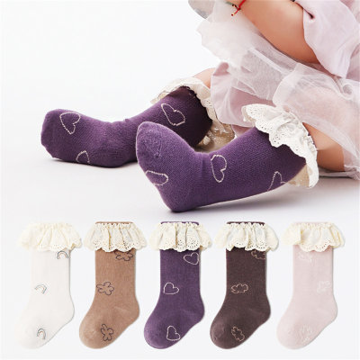 Baby Toddler Pure Cotton Solid Color Heart Pattern Lace Ruffle Mid-calf Socks