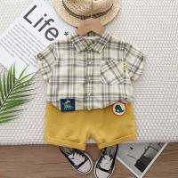 Children's short-sleeved shirt suit new boys' casual cotton plaid stylish baby handsome shorts two-piece suit  Green