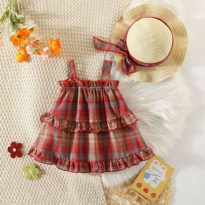 New summer girls dress with hat for baby girl red plaid print tiered suspender skirt