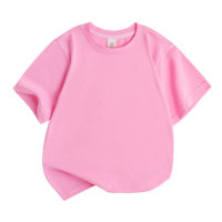 Camiseta de manga corta absorbente de sudor de color sólido de algodón puro con cuello redondo suelto para niños  Rosado