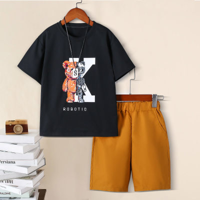 2-piece Kid Boy Bear and Letter Printed Short Sleeve T-shirt & Solid Color Shorts