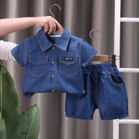Novos ternos jeans infantis de verão de manga curta para crianças pequenas e médias  Azul
