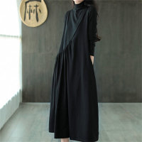 Teenage girl solid color long sleeve dress  Black