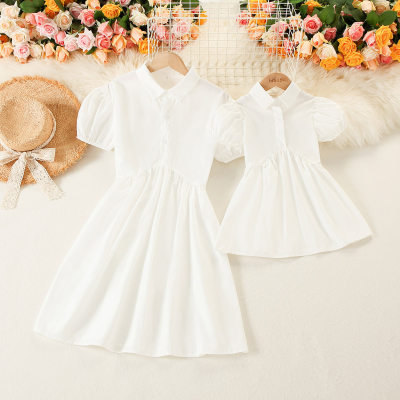 Mom Baby Dress  Solid Color Shirt Collar Puff Sleeve Dress