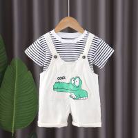 New style boys and girls round neck striped casual short-sleeved denim crocodile overalls summer baby outdoor suit  White