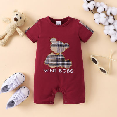 Summer round collar checkered bear contrast color jumpsuit short sleeve baby boxer romper