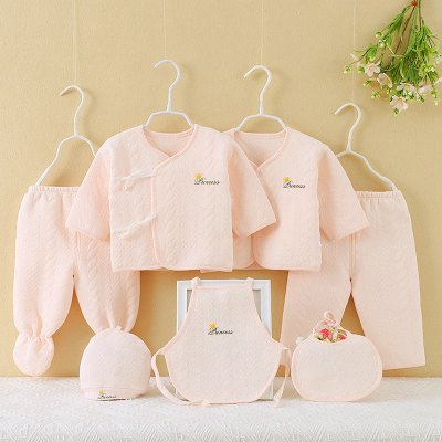 7-piece Infant Baby 100% Cotton Seamless Bodysuit Button-up Tops & (Footed) Pants & Bib & Apron & Hat Set