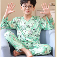 Pijamas de seda de hielo para niños, ropa de casa de seda de imitación para bebés, se puede usar fuera del traje  Verde