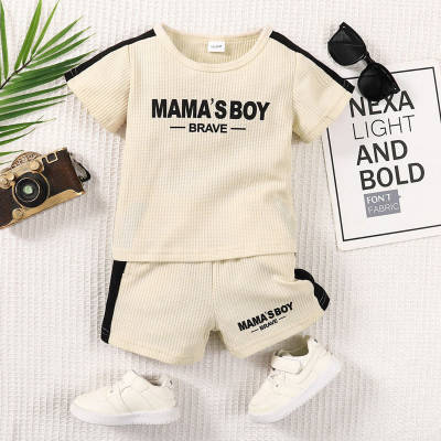 2-piece Toddler Boy Waffle Color-block Letter Printed Short Sleeve T-shirt & Matching Shorts