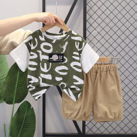Summer new 2024 camouflage hat short-sleeved children's clothing 0-5 years old summer style boys two-piece children's suit summer clothing  Green