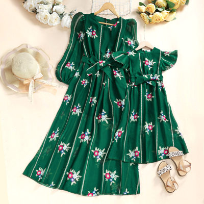 Elegant Floral Print Long Dress for Mom and Me
