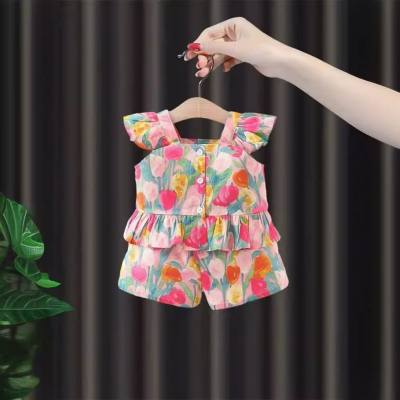 New summer girls' floral two-piece suits for one-year-old girls, summer travel clothes, thin style