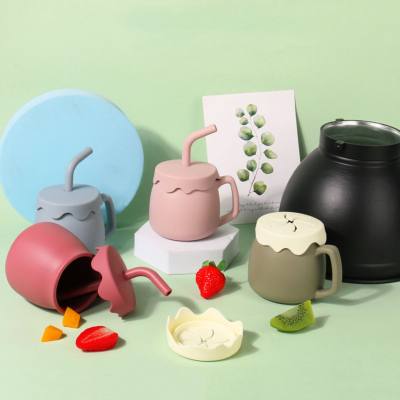 Taza de silicona de grado alimenticio para bebé, vaso de gran barriga, vaso con pajita con mango creativo, anticaída, juego de dos usos