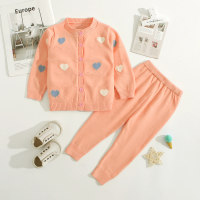 Baby Girl 2 Pieces Solid Color Heart-shaped Pattern Sweater Cardigan Set  Pink