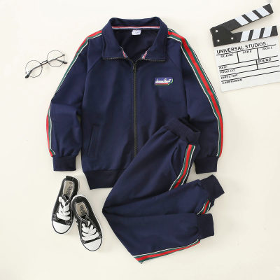 2-piece Kid Boy Stripe Pattern Zip-up Jacket & Matching Pants