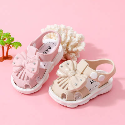 Sandales à boucles avec décor de nœud papillon de couleur unie pour toute-petite fille