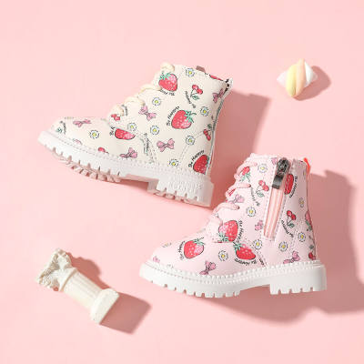 Toddler Girl PU Leather Allover Strawberry Pattern Fleece-lined Lace-up Decor Zip-up High-top Boots