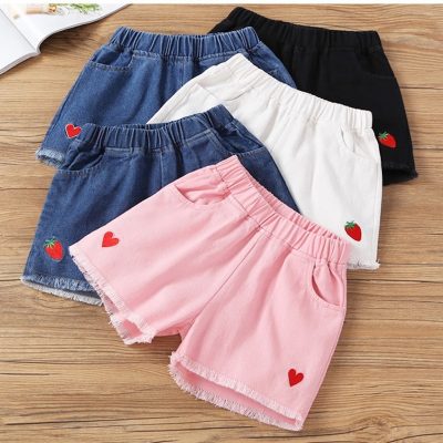 Girls denim shorts summer middle and large children's wear beach pants white outer wear loose hot pants little girls pants