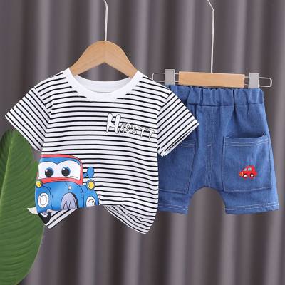 Boys' tops with stripes, cute two-piece suits, denim shorts, toddler suits, clothing, casual children's clothing