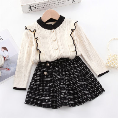 2-piece Toddler Girl Color-block Ruffled Button Front Cable Knitted Top & Button Decor Plaid Skirt