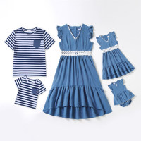 Family Matching Solid Color Sleeveless Dress and Stripe Print T-shirt - Hibobi