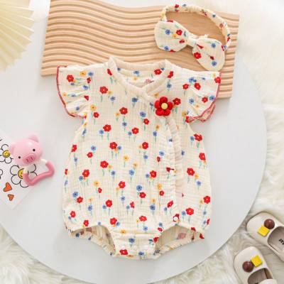 Infant summer short-sleeved one-piece new style baby girl fart clothes gauze cotton thin summer clothes princess romper triangle