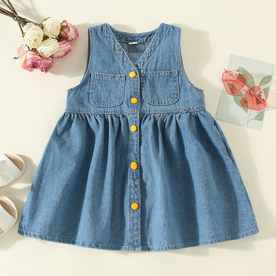 Toddler Girl Pure Cotton Button Front Denim Sleevelss Dress