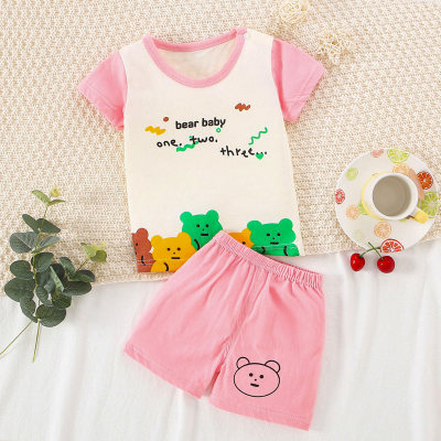 T-shirt a maniche corte stampata con lettera e orso a blocchi di colore in puro cotone da bambina in 2 pezzi e pantaloncini abbinati