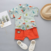 Baby Dinosaur Print Stand Collar Short Sleeve Top & Letter Applique Shorts  Green
