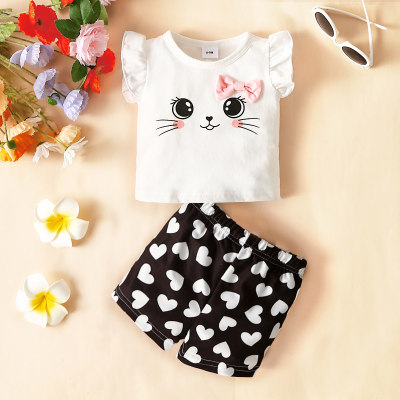 Blusa sem mangas com decoração de laço estilo gato de 2 peças e shorts com estampa de coração
