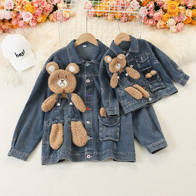 Mom and Me Solid Bear Pattern Denim Jacket