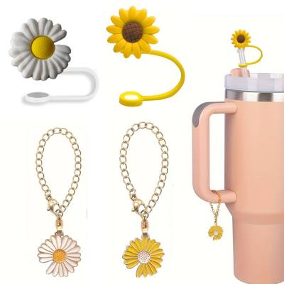 Daisy-Gorra de paja de PVC, cubierta de paja a prueba de polvo, mochila, taza, accesorios, llavero de flor pequeña, colgante de cadena