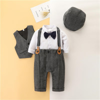 5-piece Baby Boy Bottoming Shirt & Dungarees & Bowtie & V-neck Button-up Vest & Beret  Gray